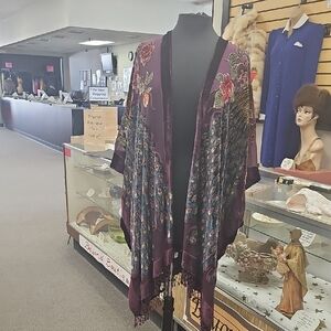 Embellished Peacock, Velvet and Jeweled  Kimono Duster in Deep Plum